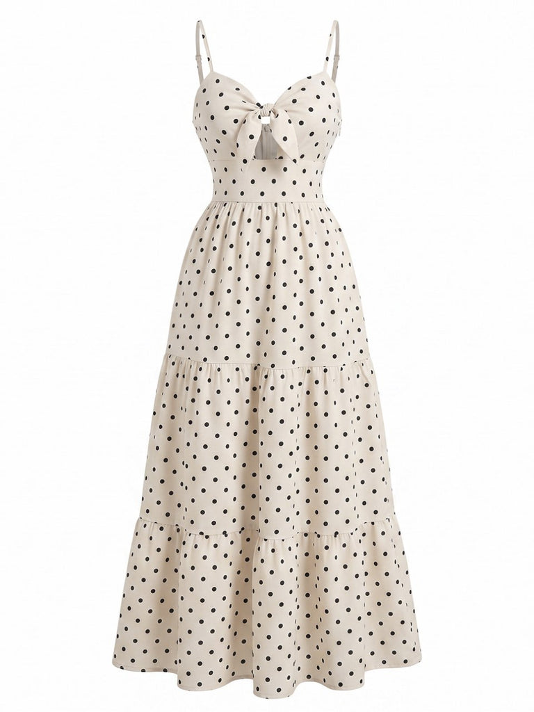 Robe Beige à Pois Hollow Nœud Slip Années 1940 3