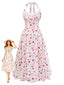 Robe Floral Col Licou Nœud Blanc & Rose Années 1950