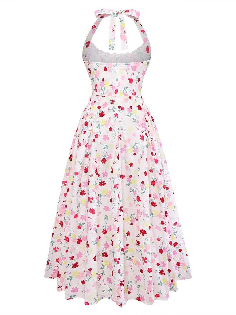 Robe Floral Halter Évasé Mi-Longue Nœud Blanc & Rose Années 1950 2