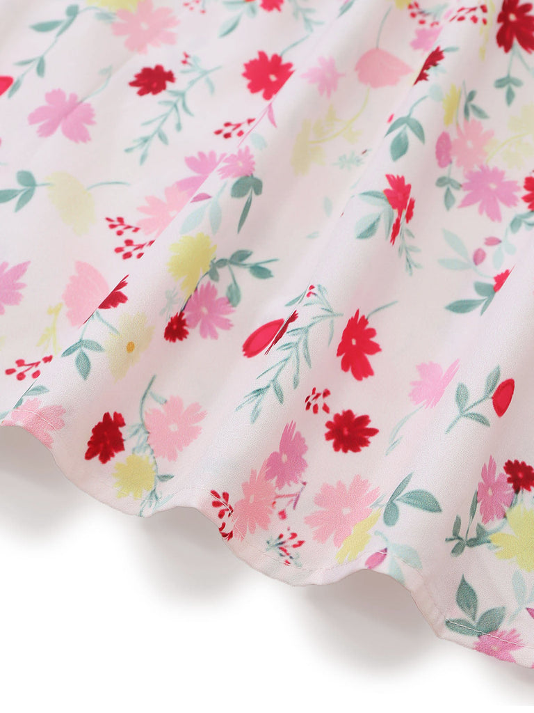Robe Floral Halter Évasé Mi-Longue Nœud Blanc & Rose Années 1950 7