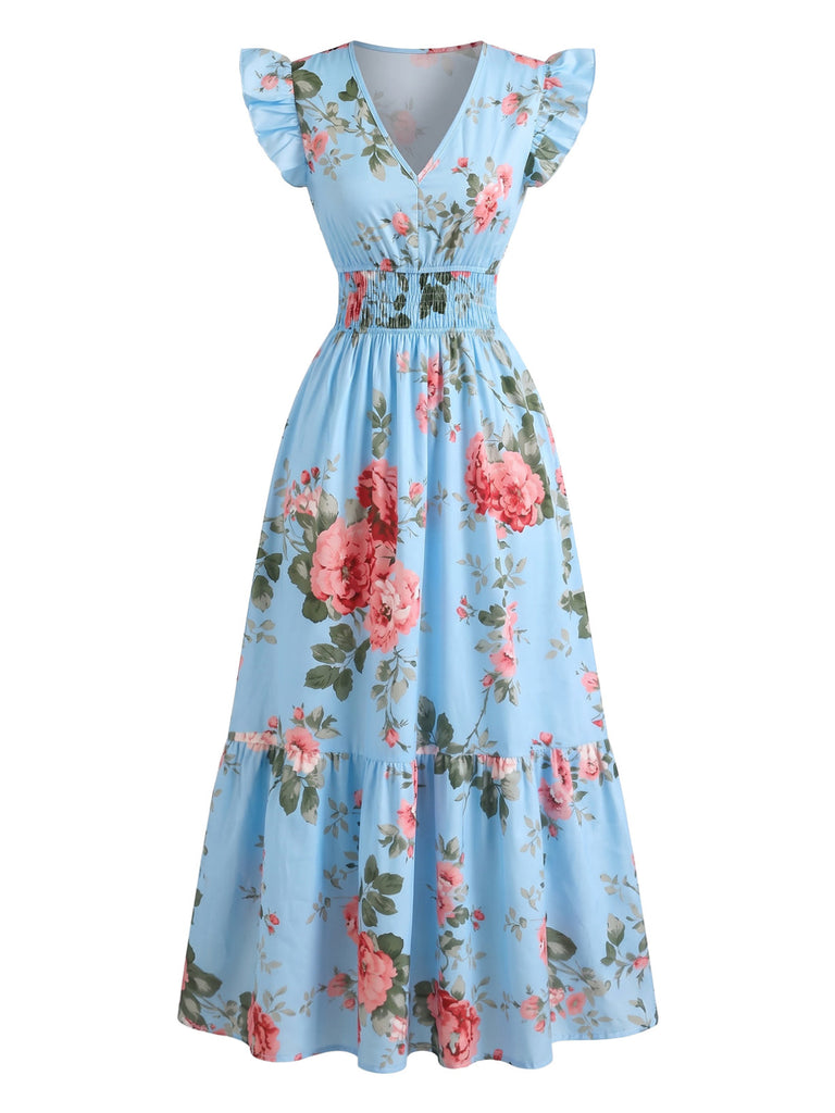 Robe Bleu Rose Col V Volant Manches Cape Années 1940 4