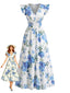Robe Bleu Rose Col V Manches Volant Années 1940