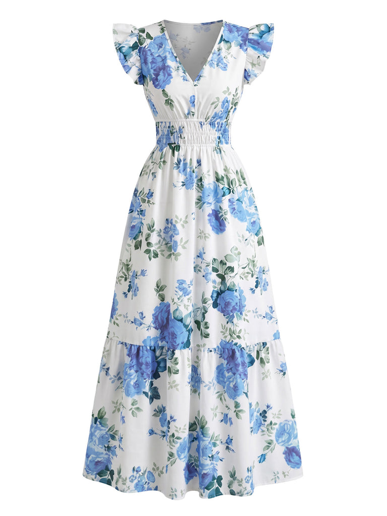 Robe Bleu Rose Col V Volant Manches Cape Années 1940 2
