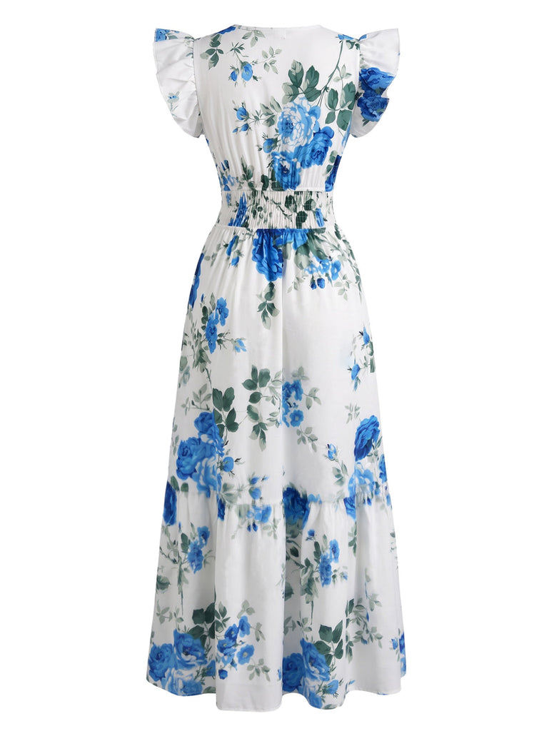 Robe Bleu Rose Col V Volant Manches Cape Années 1940 3