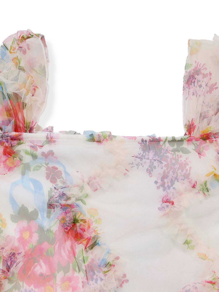 Robe Multicolore Floral Tulle Plissé Ajusté Années 1960 4