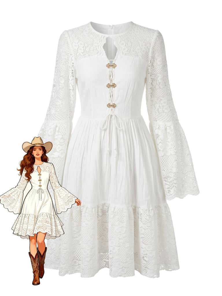 Robe Blanc Bohème Coton Dentelle Manches Cloche Années 1970