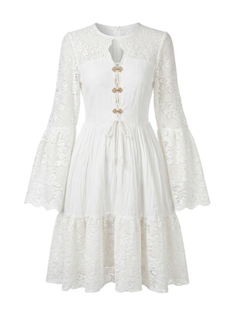 Robe Blanc Bohème Coton Dentelle Manches Cloche Années 1970 2