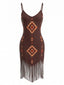 Robe Col V Bohème Ourlet Frangé Marron Années 70