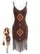 Robe Col V Bohème Ourlet Frangé Marron Années 70