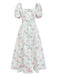 Robe Vert Petites Fleurs Manches Bouffantes Côté Fendu Années 1950 3
