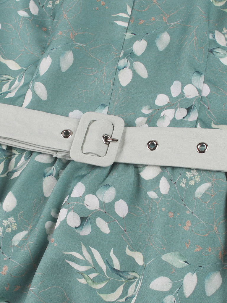 Robe Gris Vert Floral Col V Ceinturé Années 1950 5