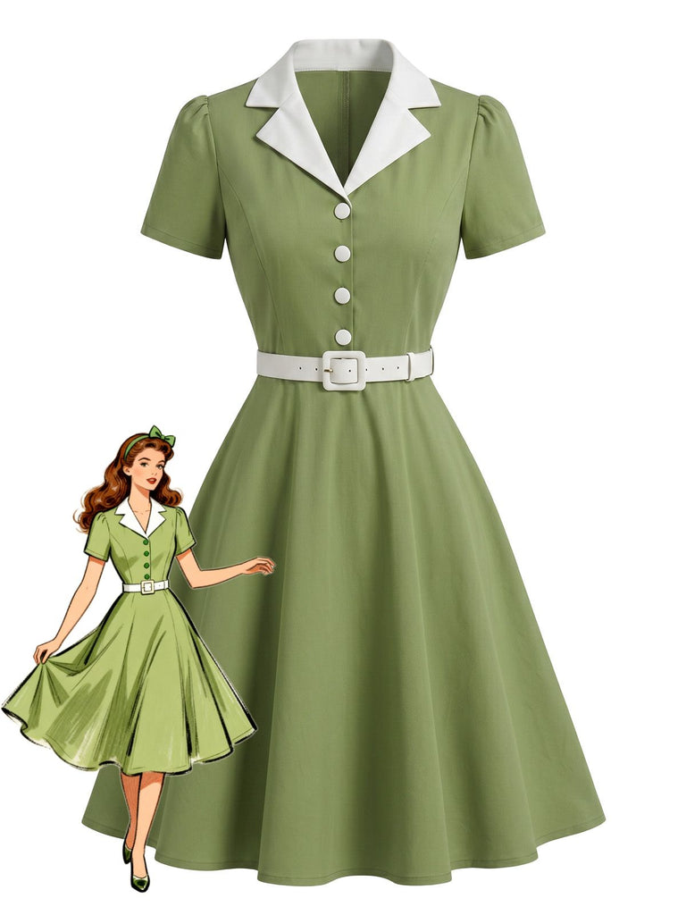 Robe Blanc Contrasté Revers Col Évasé Années 1950