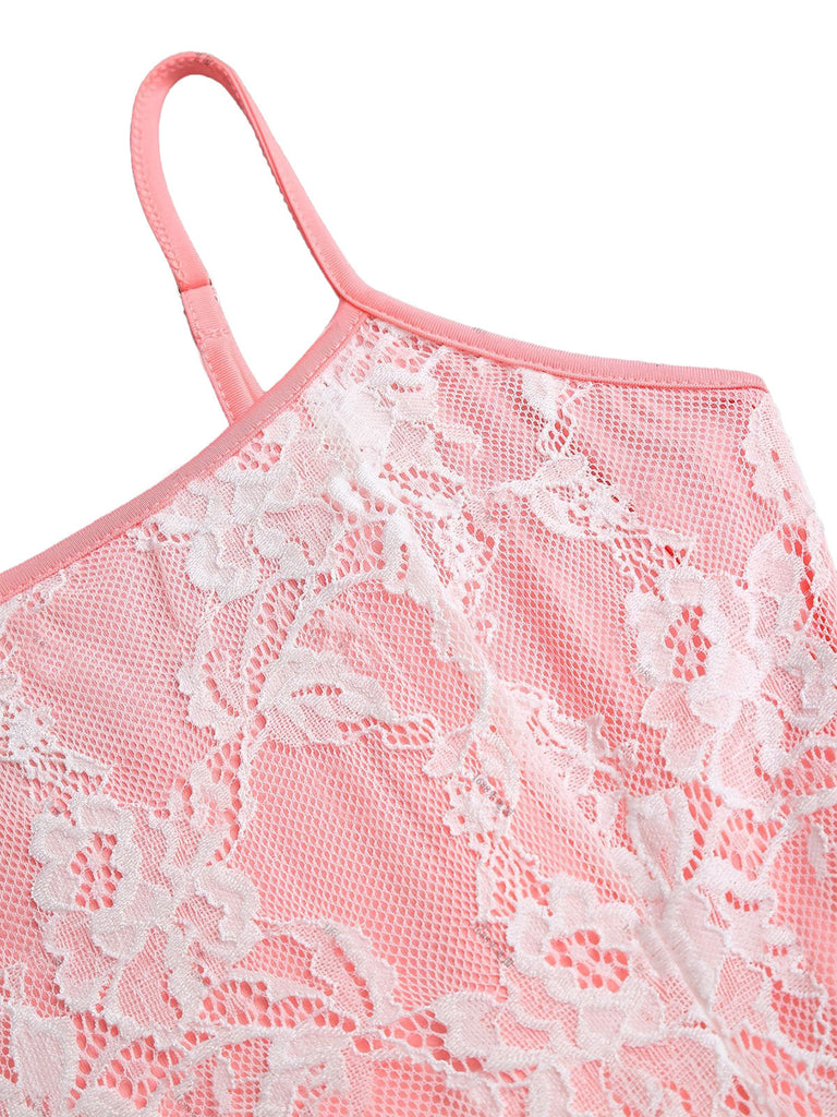 Robe Bretelles Spaghetti Floral Volant Dentelle Nœud Bordure Années 1950 4