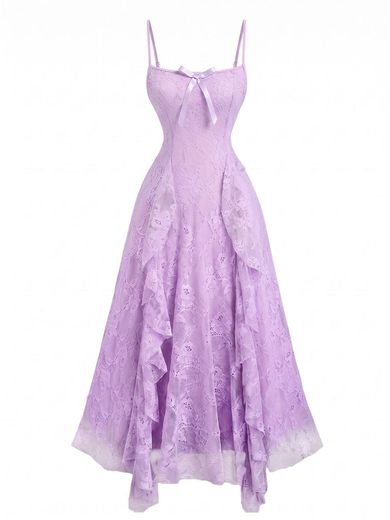 Robe Bretelles Spaghetti Floral Volant Dentelle Nœud Bordure Années 1950 7