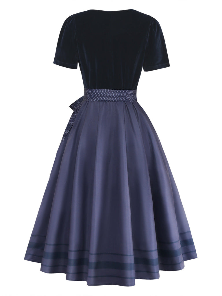 Robe Bleu Col Carré Velours & à Pois Apron Années 1950 3