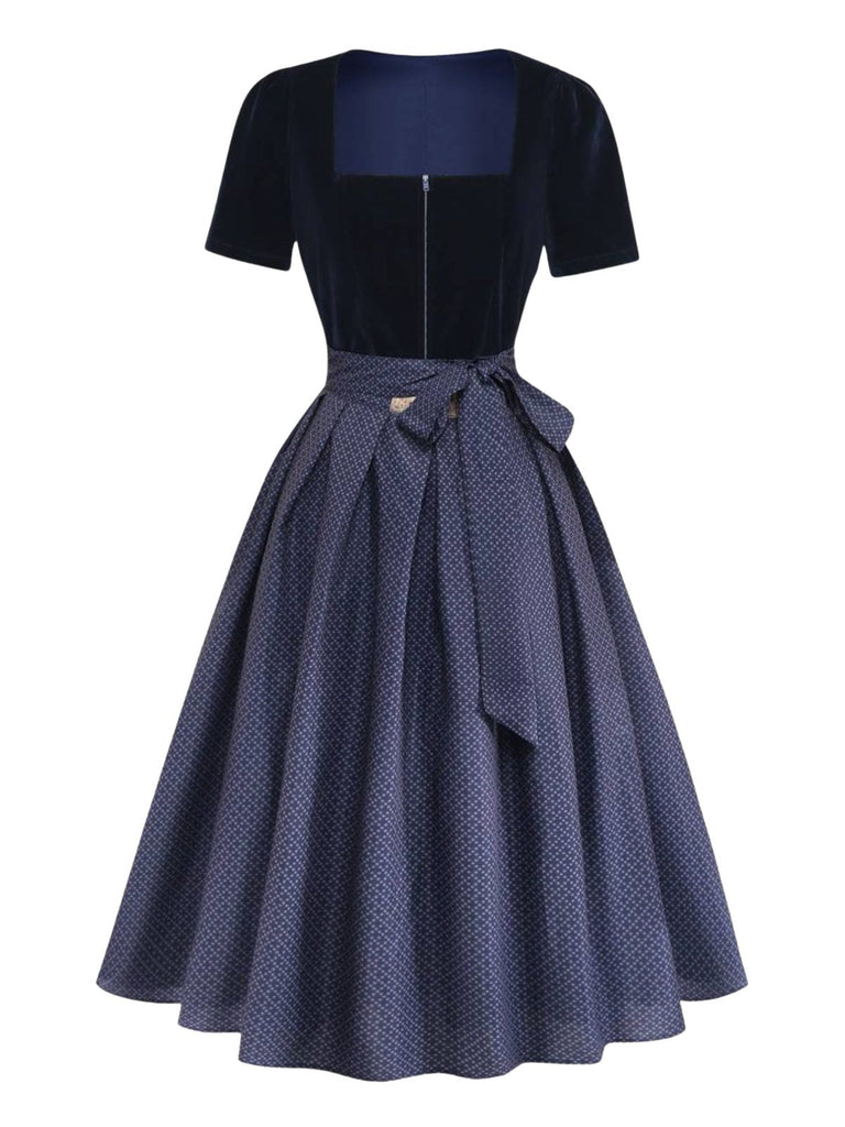 Robe Bleu Col Carré Velours & à Pois Apron Années 1950 2