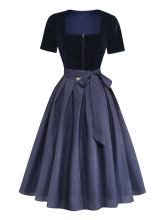 Robe Bleu Col Carré Velours & à Pois Apron Années 1950 2