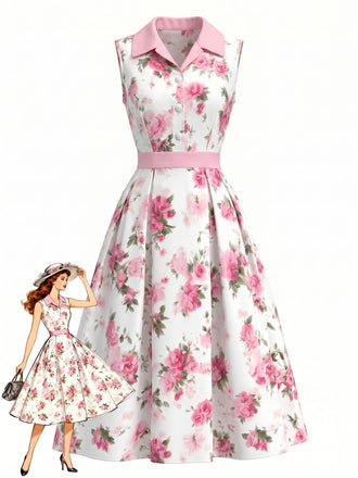 Robe Sans Manches Boutonné Revers Évasé Rose Rose Années 1950