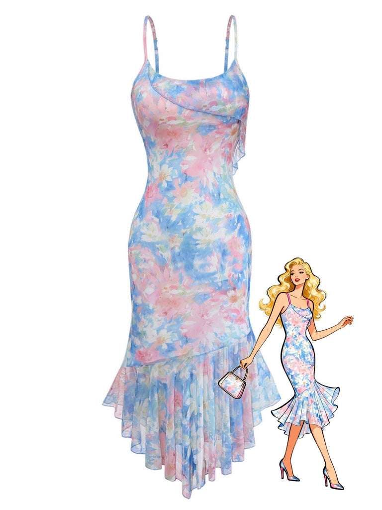 Robe Bretelles Spaghetti Sirène Floral Volant Ourlet Bleu Années 1930