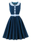 Robe évasée bleu marine motif vichy col Claudine et ceinture années 50