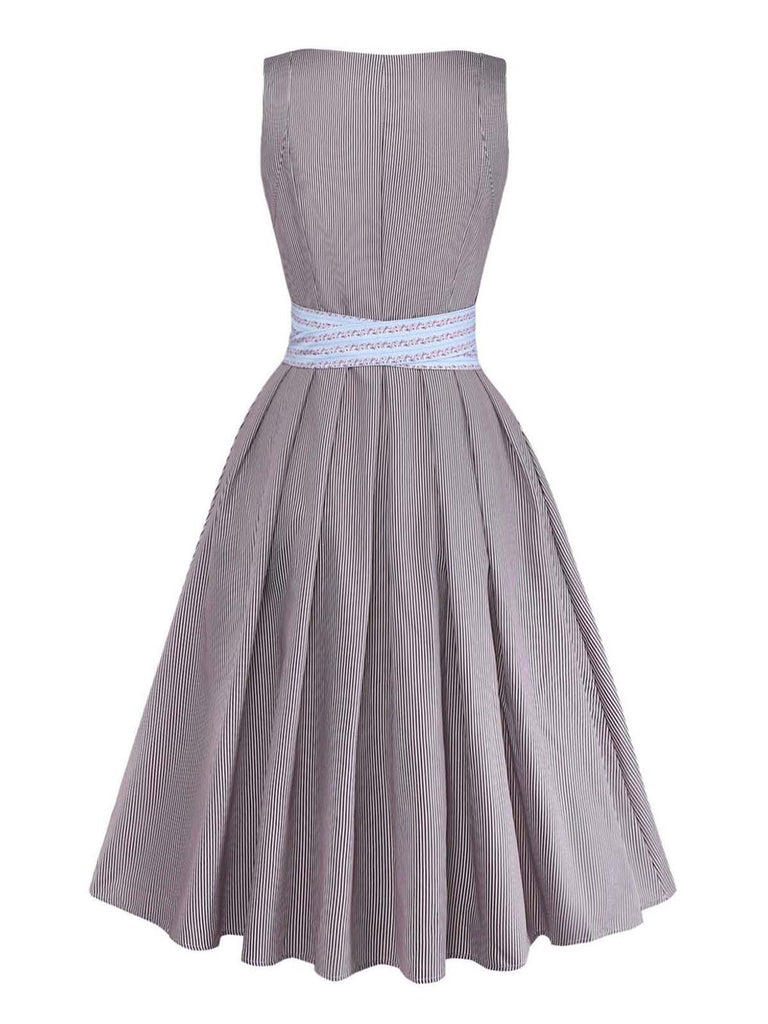Robe Marron Rayé Col Carré & Floral Apron Années 1950 3