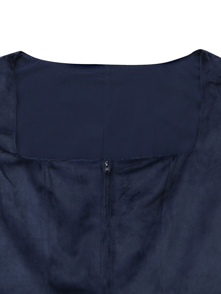 2PCS Robe Velours Jacquard Bleu Foncé Col Carré & Tablier Années 1950 3