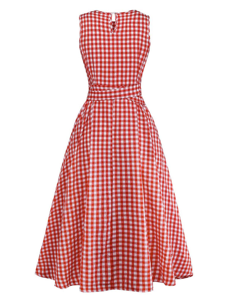 Robe Rouge Vichy Sans Manches Évasé Années 1950 3