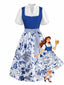 3PCS Robe Col Carré et Tablier Floral et Top Dentelle Bleu Années 1950