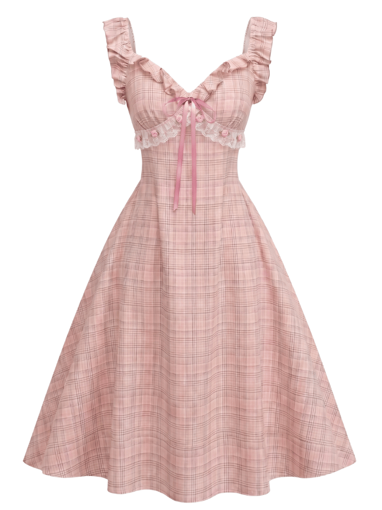 [Prévente] Robe Manches à Volants Nœud Rosette Carreaux Rose Années 50