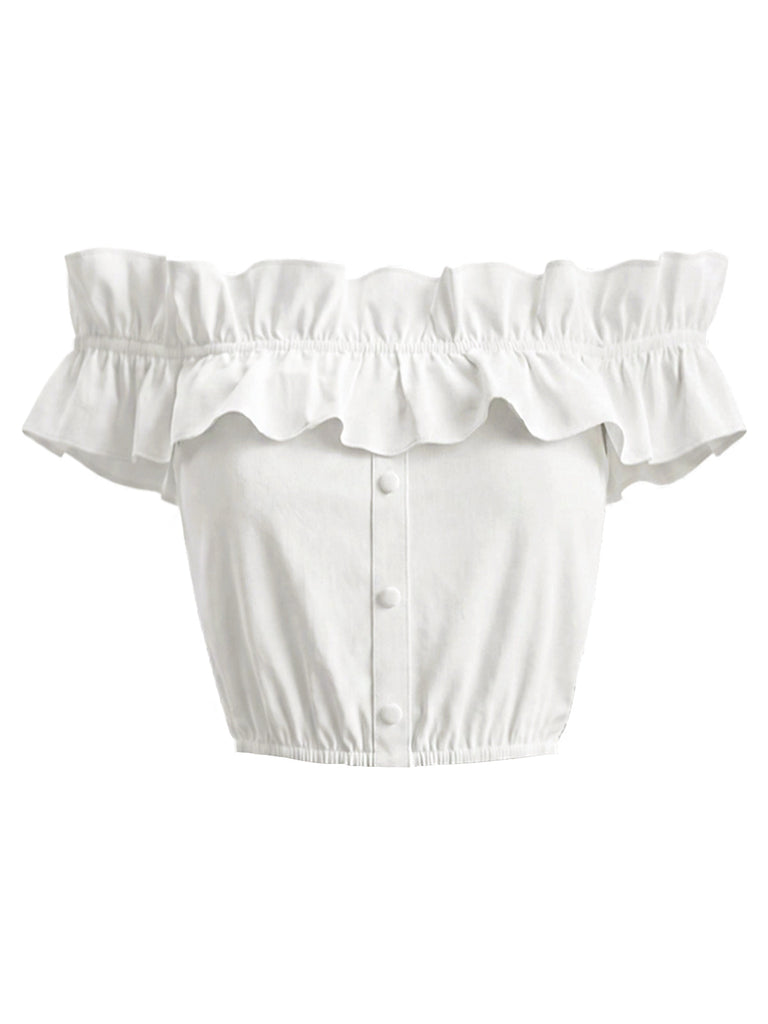 [Prévente] Crop Top Blanc Épaules Dénudées à Volants Années 1950 2