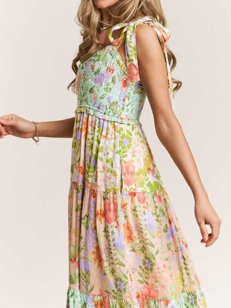 Robe Maxi Smockée à Bretelles Nouées Floral Années 30