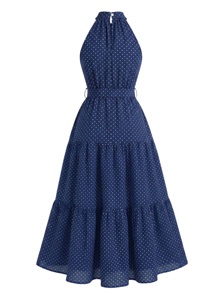 Robe Midi Évasée Dos-Nu Nœud Taille à Pois Années 30