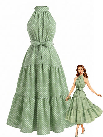 Robe Midi Évasée Dos-Nu Nœud Taille à Pois Années 30