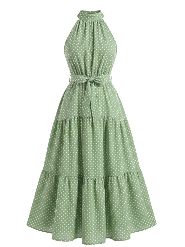 Robe Midi Évasée Dos-Nu Nœud Taille à Pois Années 30