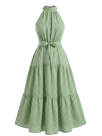 Robe Midi Évasée Dos-Nu Nœud Taille à Pois Années 30