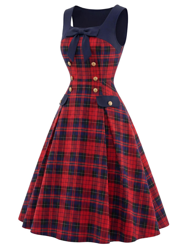 [Prévente] Robe à carreaux tartan col carré nœud et double boutonnage Années 1950