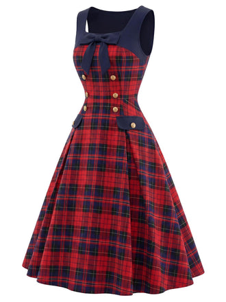 [Prévente] Robe à carreaux tartan col carré nœud et double boutonnage Années 1950