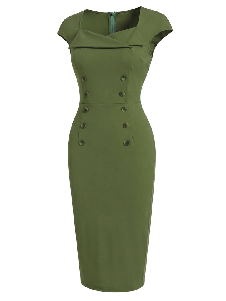 [Prévente] Robe Vert Uni Encolure Cœur Boutonné Années 1960 3