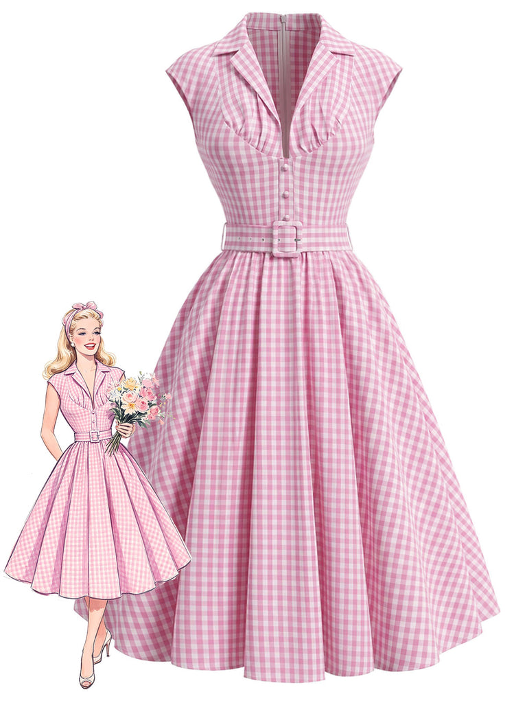 [Prévente] Robe Rose Vichy Revers Col V Ceinturé Évasé Années 1940