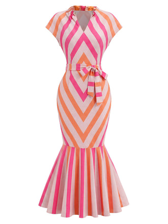 [Pre-Sale] Orange Red 1960s Floral Striped Dress 3