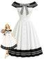 [Prévente] Robe rayée noire et blanche épaules dénudées et nœud papillon années 1950