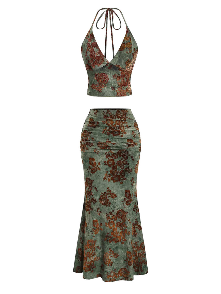 Ensemble 2 Pièces Jupe Sirène Dos-Nu Floral Vert Foncé Années 70