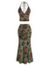 Ensemble 2 Pièces Jupe Sirène Dos-Nu Floral Vert Foncé Années 70