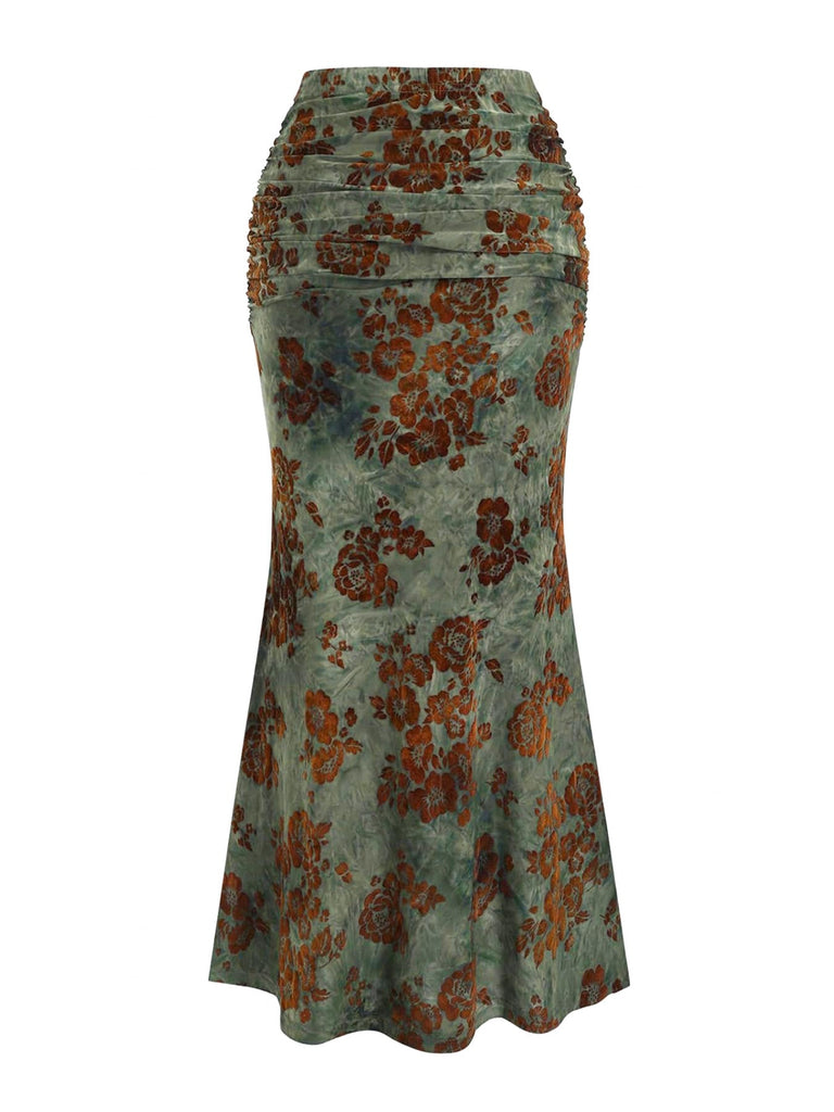 Ensemble 2 Pièces Jupe Sirène Dos-Nu Floral Vert Foncé Années 70