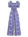 Combinaison Bleu Floral Col Échancré Manches Bouffantes Bohème Années 1950 3