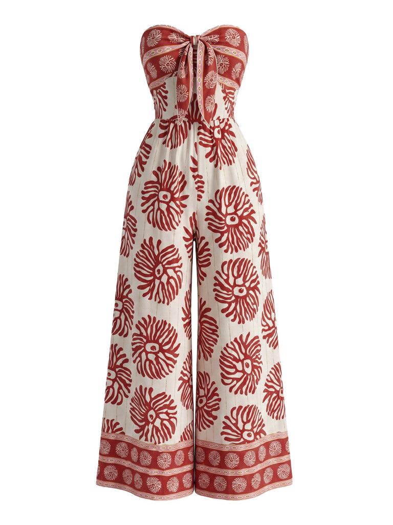 Combinaison Bustier Jambes Larges Floral Bohème Imprimé Rouge Années 1970 2