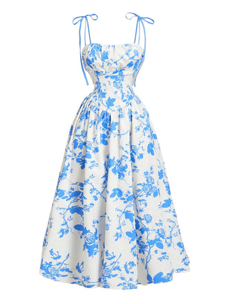 Robe Midi à Bretelles Nouées Imprimé Floral Années 50