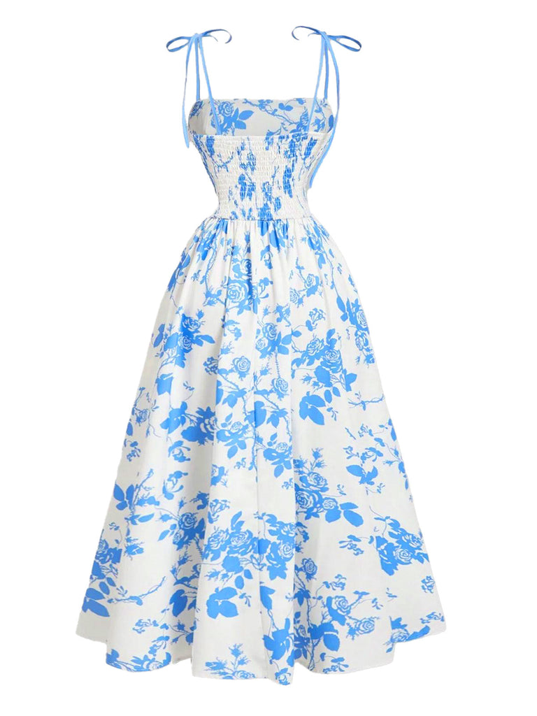Robe Midi à Bretelles Nouées Imprimé Floral Années 50