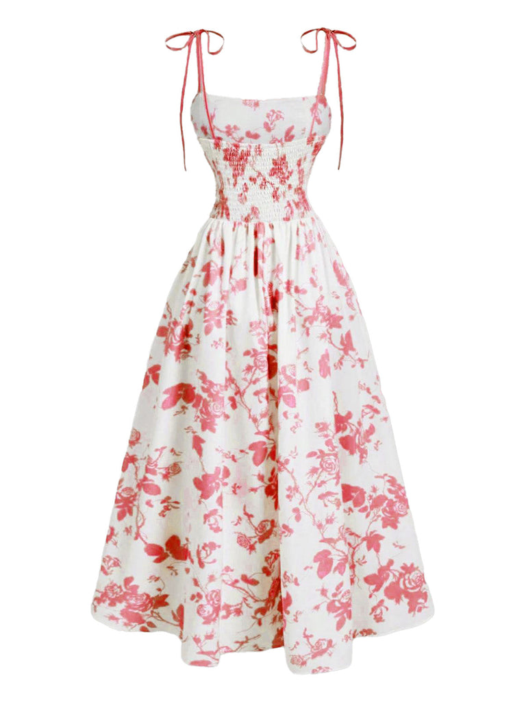 Robe Midi à Bretelles Nouées Imprimé Floral Années 50