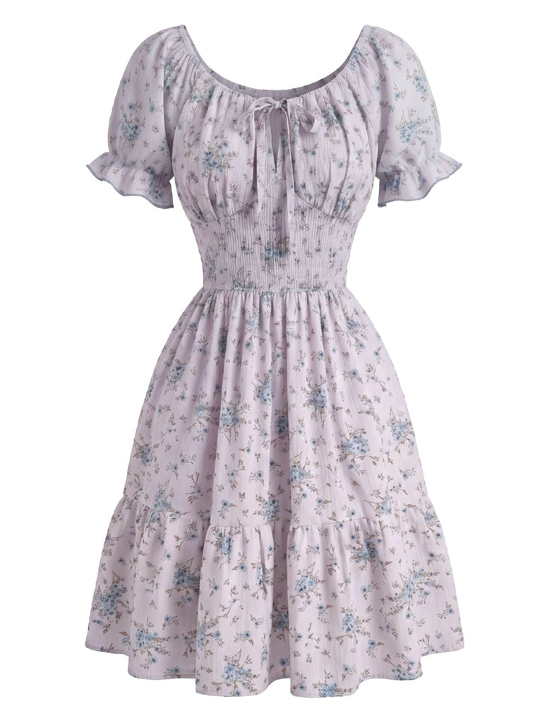 Robe Floral Col Carré Volant Années 1950 10